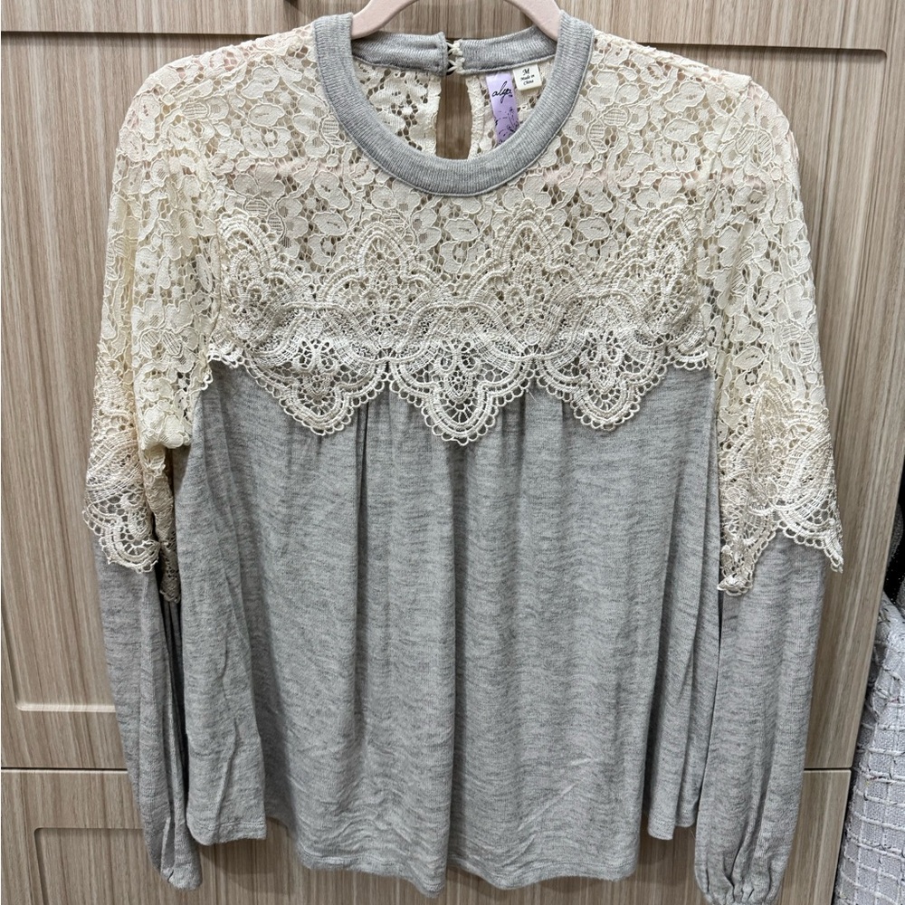 Elegant Lace Trim Gray Top